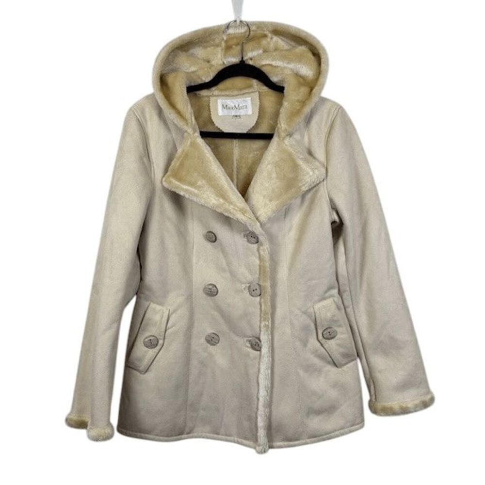 MaxMara Faux Shearling Lined Coat‎ Double Breasted Hooded Plush Size Small